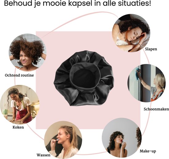 Collage toont diverse haarstijlen en situaties waarin het zwarte satijnen slaapmutsje gedragen kan worden.
