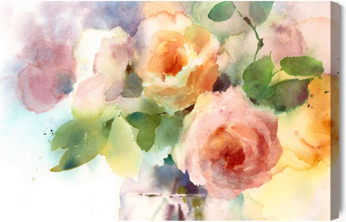 Schilderijkoning - Canvas Schilderij Een Boeket Rozen Geschilderd Met Waterverf - 90 x 60 cm