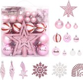 The Living Store 65-delige Kerstballenset roze/rood/wit - Kerstbalhaakjes