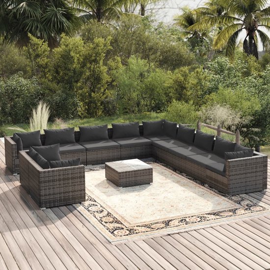 The Living Store Loungeset Poly Rattan - Grijs - Waterbestendig - Modulair Design - Optimaal Comfort