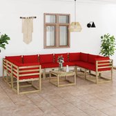 The Living Store Pallet Loungeset - Hoekbank en Middenbank - Grenenhout - Rood kussen - 64x64x70cm - 60x64x70cm - Tafel 60x60x36.5cm