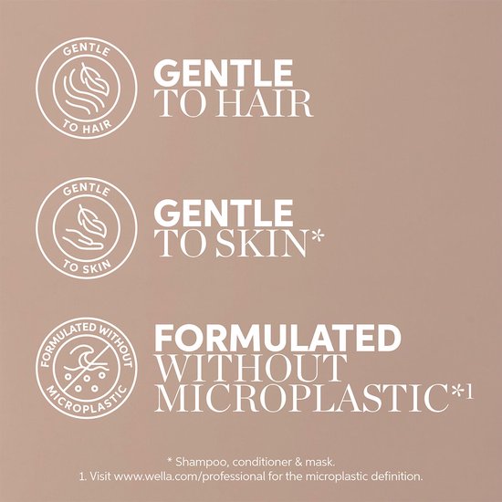 Afbeelding met drie secties die aangeven dat Wella Fusion zacht is voor haar en huid en geformuleerd is zonder microplastics.
