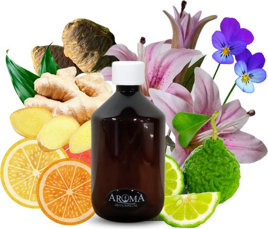 Bruine fles met aroma diffusers, omringd door ingrediënten zoals gember, citroen, sinaasappel en bergamot.