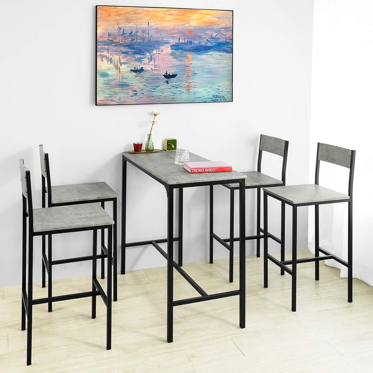 ensemble table haute + 4 chaises de bar, tabouret de bar, avec repose-pieds,  effet ciment | bol