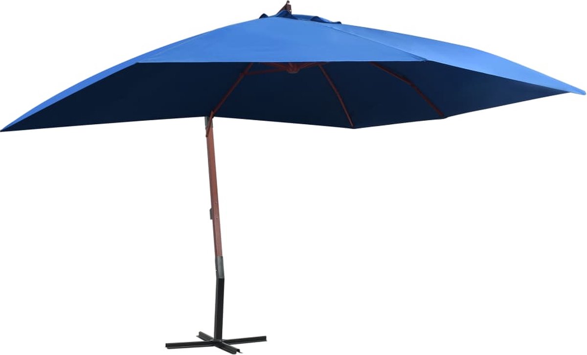 Zweefparasol in blauw, afmeting 400x300 cm met houten paal. Perfect voor tuinzomer en balkondecoratie.