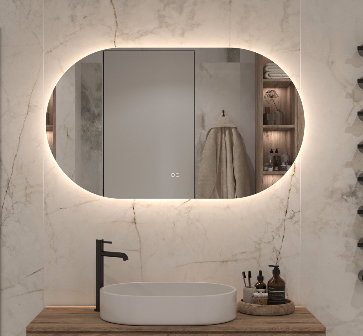 Ovale badkamerspiegel met indirecte verlichting, verwarming, instelbare lichtkleur en dimfunctie 120×70 cm