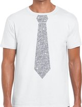 Wit fun t-shirt met stropdas in glitter zilver heren S