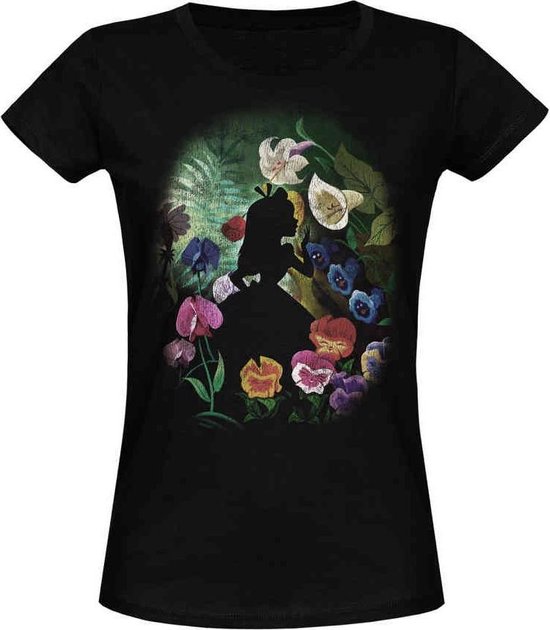 Zwart T-shirt met een ronde print van een Alice-silhouet omringd door kleurrijke bloemen.