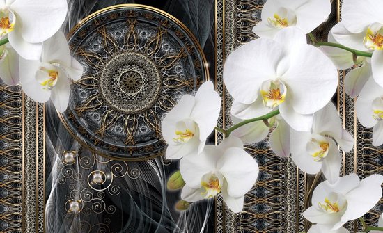 Papier peint photo - Papier peint intissé - Mandala et orchidées - Fleurs - Art - 368 x 254 cm