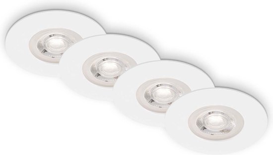 Vier witte, ronde LED inbouwspots met glazen diffuser, gearrangeerd op een witte achtergrond.
