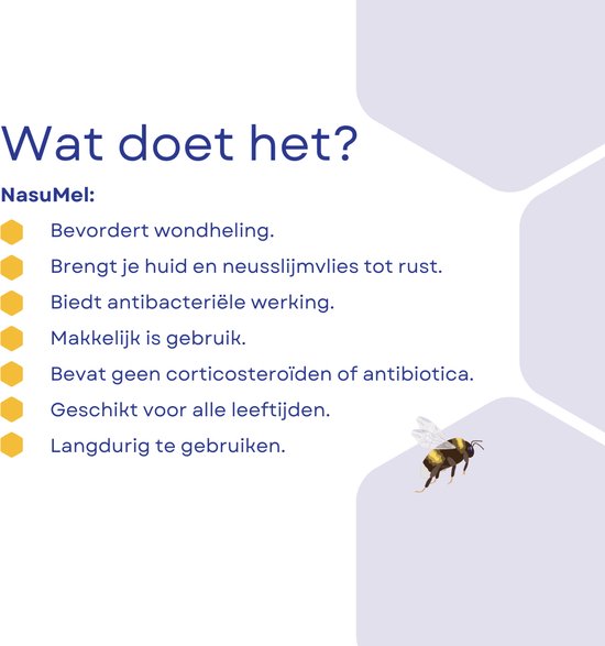 NasuMel: Bevordert wondheling, brengt huid en neusslijmvlies tot rust, biedt antibacteriële werking.