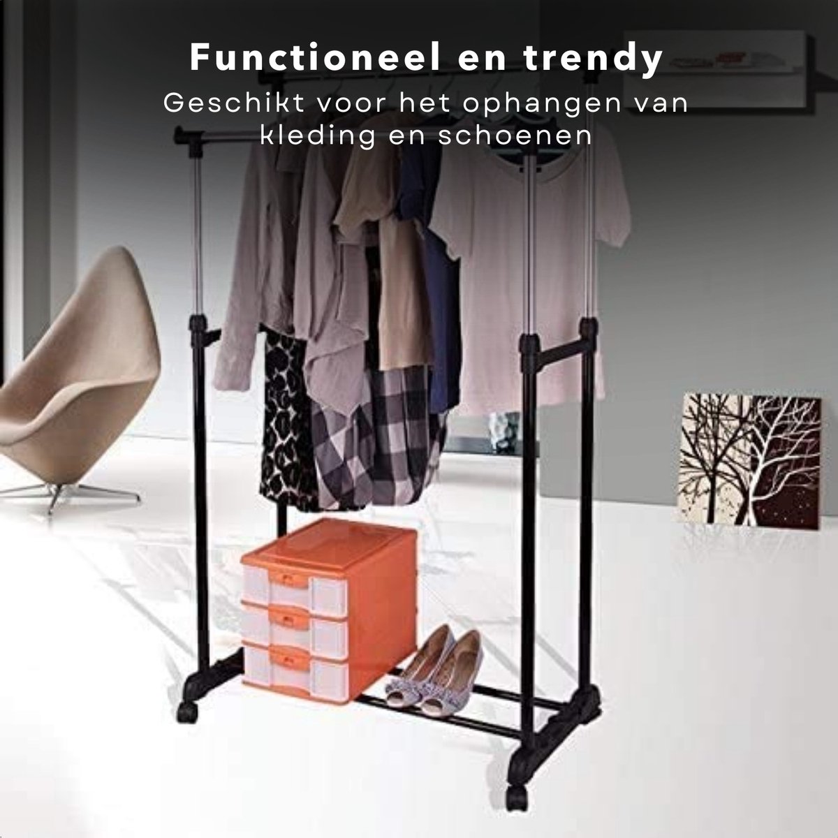 Kledion Reka Cheqo® Verrijdbaar Kledingrek op Wieltjes - Kledingrek met Wielen ...