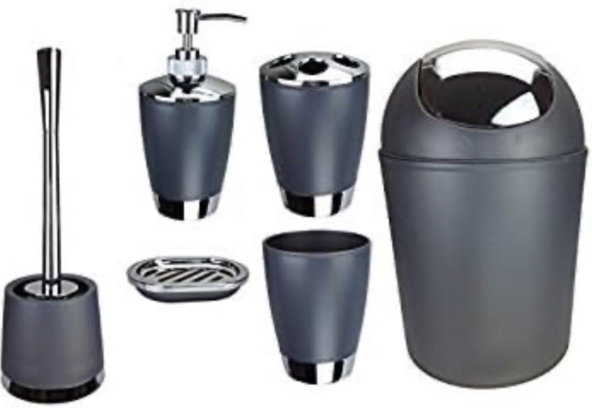 Bath Set, 6-Piece Various Bathroom Accessories, Soap Dispenser and Toilet Brush (Grey)