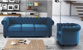 Driezitsbank en fauteuil CHESTERFIELD - fluweel - eend blauw L 205 cm x H 72 cm x D 88 cm