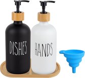 2-delige zeepdispenserset - 500 ml glazen flessen voor vloeibare zeepdispensers met pomp voor badkamer, aanrecht (zwart en wit)