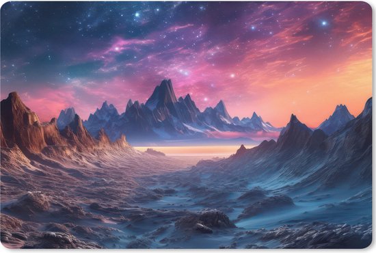 Tapis de souris avec un paysage extraterrestre aux montagnes pointues et un ciel étoilé rose et violet.