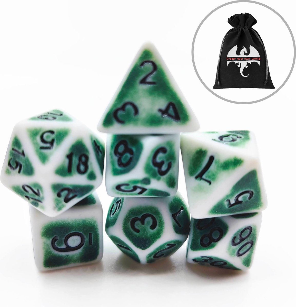 Lapi Toys - Dungeons and Dragons dobbelstenen - DnD - D&D - Polydice - 1 set (7 stuks) - Acryl - Wit - Groen