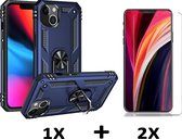 Casemania Coque pour Apple iPhone 15 Blauw & 2X Protecteur d'écran en Verres - Armure Hybride Anti-Choc avec Ring de Béquille