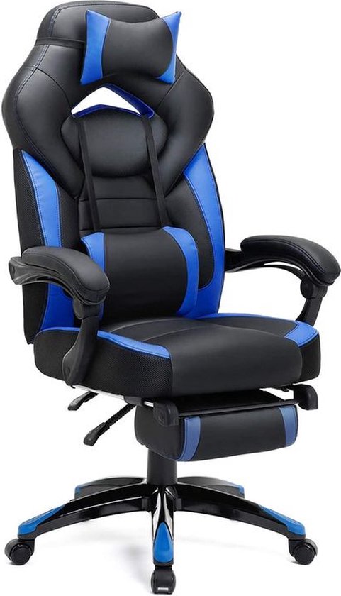 Bureaustoel - Gaming stoel - met voetsteun - met hoofdsteun en lendenkussen - tot 150 kg draagvermogen - zwart-blauw