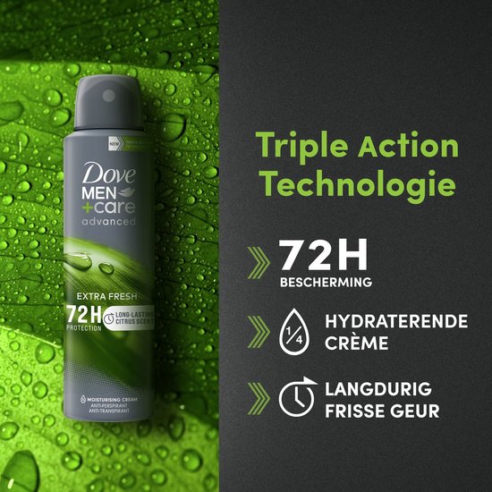 Dove Men+Care Advanced Extra Fresh deodorant met 72 uur bescherming, hydraterende crème en citrusgeur.
