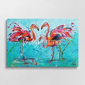 De vrolijke flamingo's | Vrolijk Schilderij | 120x80cm | Dikte 4 cm | Canvas schilderijen woonkamer | Wanddecoratie | Schilderij op canvas | Kunst | Corrie Leushuis