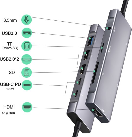 M-TECK 9-in-1 USB-C Docking Station USB-C Hub met HDMI - 3 x USB3.0 - USB-C (opladen) - SD/Micro SD - 3.5mm Audio voor Laptop en MacBook