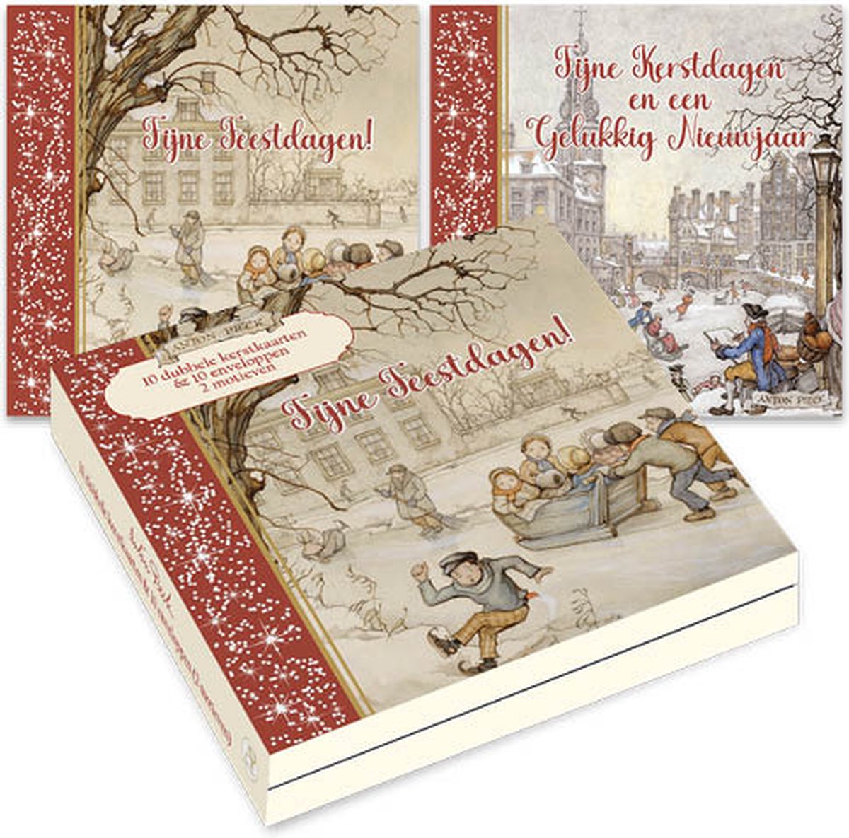 Kaarten Kerst Anton Pieck Kinderen in slee/IJstafereel 2 motieven 10st.