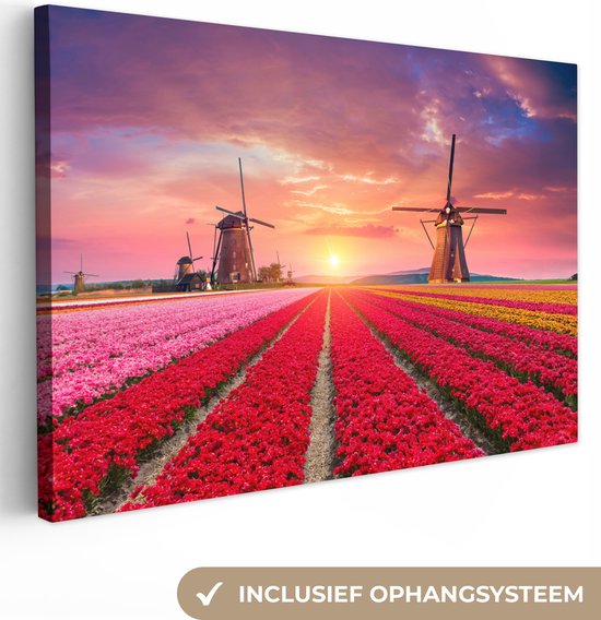 Canvas Schilderij Molen - Bloemen - Zonsondergang - Hollands - 30x20 cm - Wanddecoratie