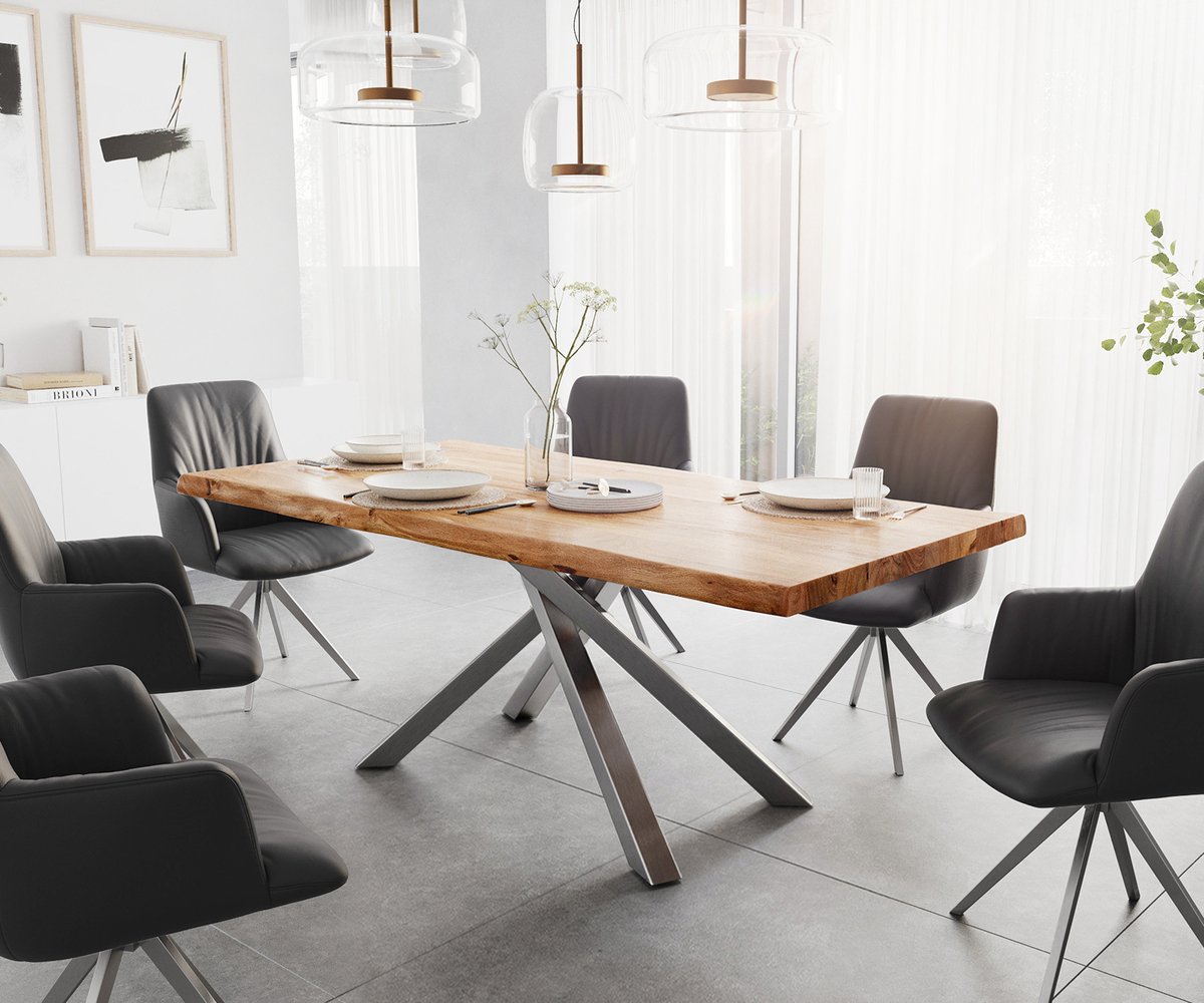Eettafel Edge acacia natuur 200x100 XL kruisframe rechthoek edelstaal Live-Edge eettafel