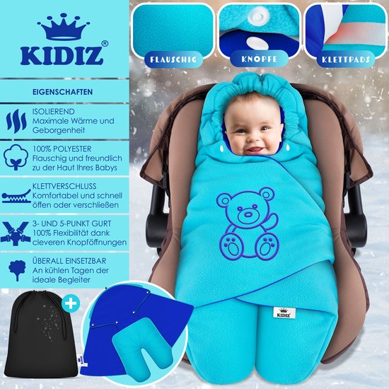 KIDIZ® Baby Slaapzak voor Buggy Voetenzak voor Autostoeltje & Wandelwagen Babyschaal, voor Winter met Kap + Babyslaapzak Deken voor Maxi-Cosi & Kinderwagen alle Gordelsystemen 3 & 5-Puntsgordel - Turkoois / Blauw van Merkloos — afbeelding 4