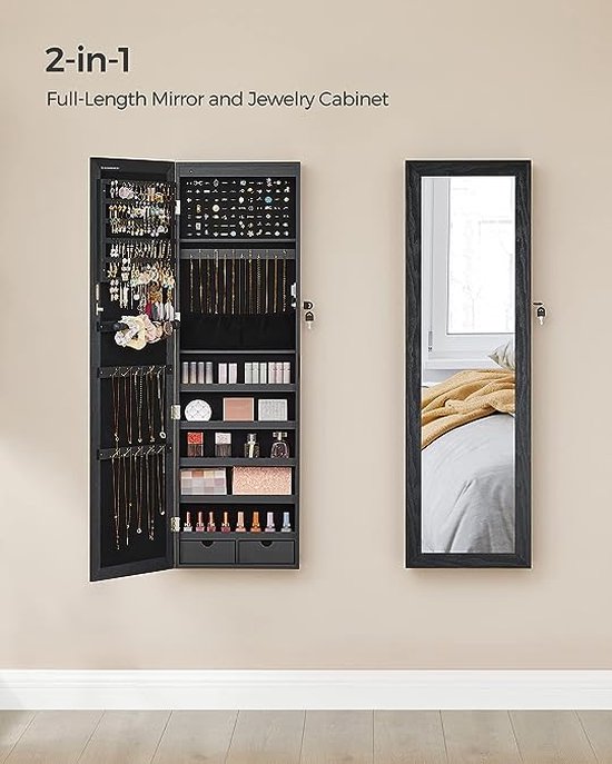 COSTWAY Hangende Sieradenkast, Simpelkast Met Ledverlichting, Spiegel En 6 Laden, Hangkast Voor Deur- En Wandmontage, Sieradenkast Voor Het Opbergen Van Sieraden En Cosmetica Wit