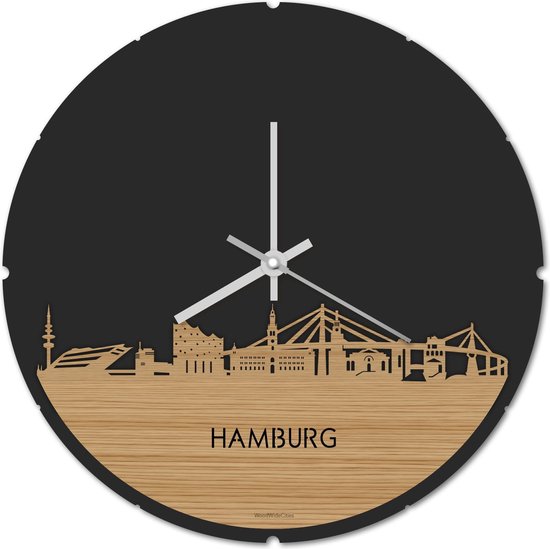 Skyline Klok Rond Hamburg Bamboe hout - Ø 44 cm - Stil uurwerk - Wanddecoratie - Meer steden beschikbaar - Woonkamer idee - Woondecoratie - City Art - Steden kunst - Cadeau voor hem - Cadeau voor haar - Jubileum - Trouwerij - Housewarming -