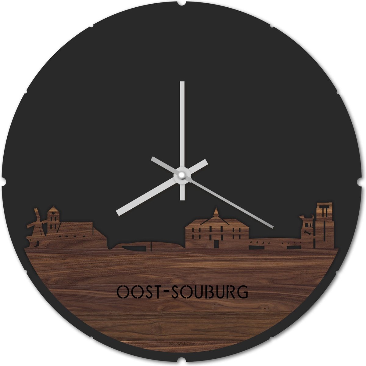 Skyline Klok Rond Oost-Souburg Notenhout - Ø 44 cm - Stil uurwerk - Wanddecoratie - Meer steden beschikbaar - Woonkamer idee - Woondecoratie - City Art - Steden kunst - Cadeau voor hem - Cadeau voor haar - Jubileum - Trouwerij - Housewarming -
