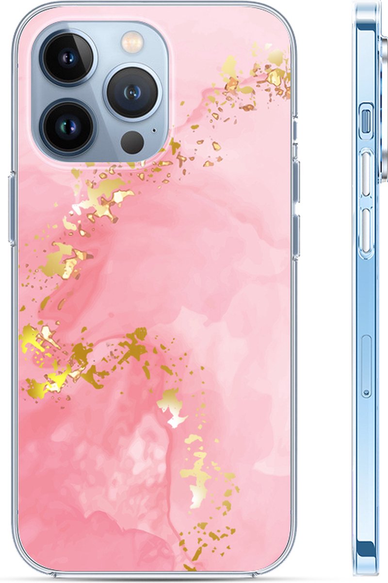 Hoozey - Hoesje geschikt voor Apple iPhone 15 Pro Max - Watercolor print - Roze / Goud