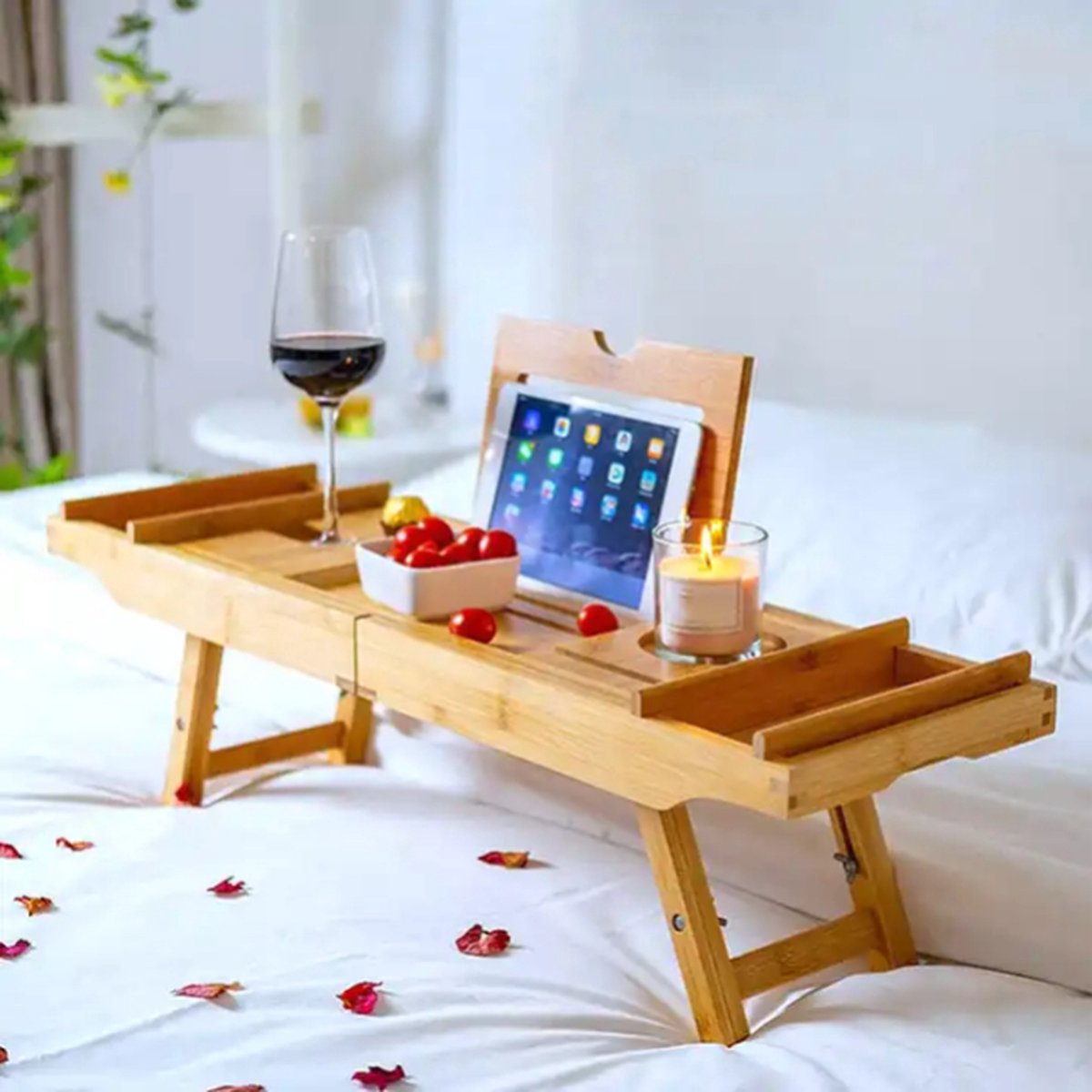 Badplank- Hout- Wijntafel- Badtafel- Verstelbaar en inklapbaar- 109*23cm- Bamboe- Boekenhouder- Tablet houder-Bad plank- Badplank voor in bad- Boekensteun- Tablethouder — cadeau in Wonen & Interieur - foto 2