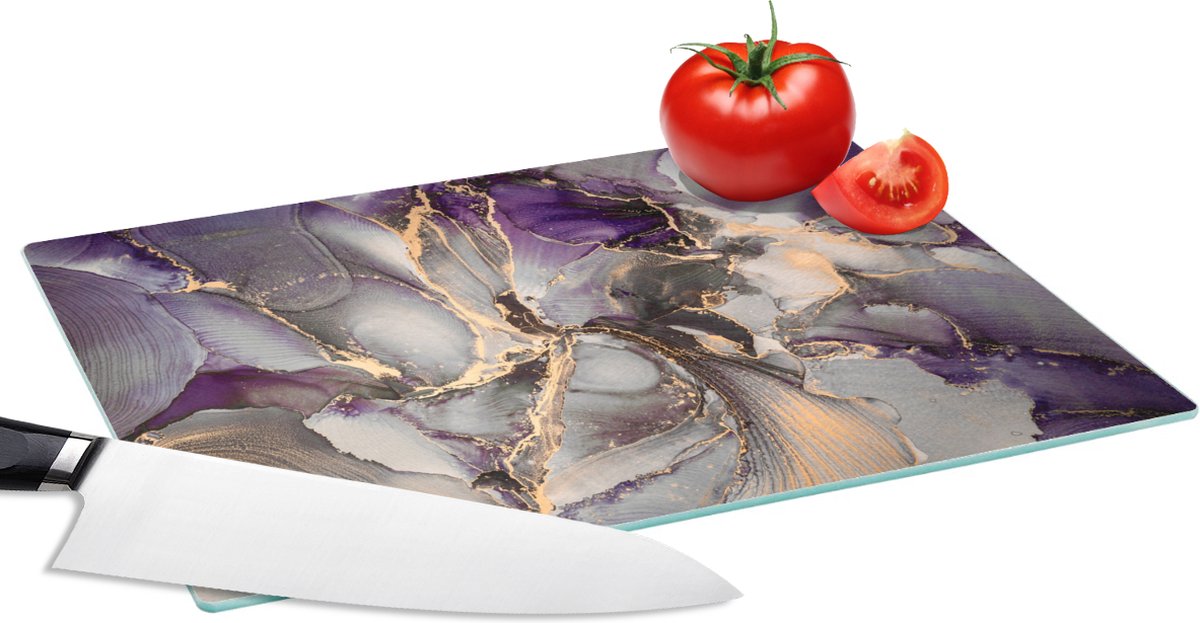 Glazen Snijplank - 28x20 - Goud - Paars - Marmer - Snijplanken Glas