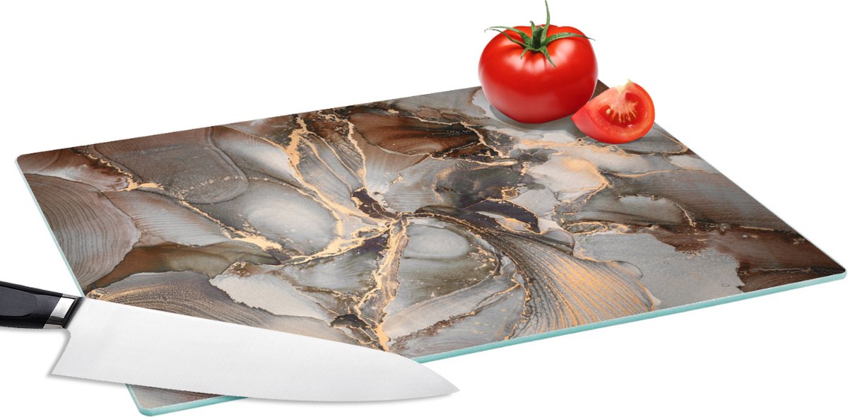 Glazen Snijplank - 39x28 - Grijs - Goud - Marmer - Marmerlook - Snijplanken Glas