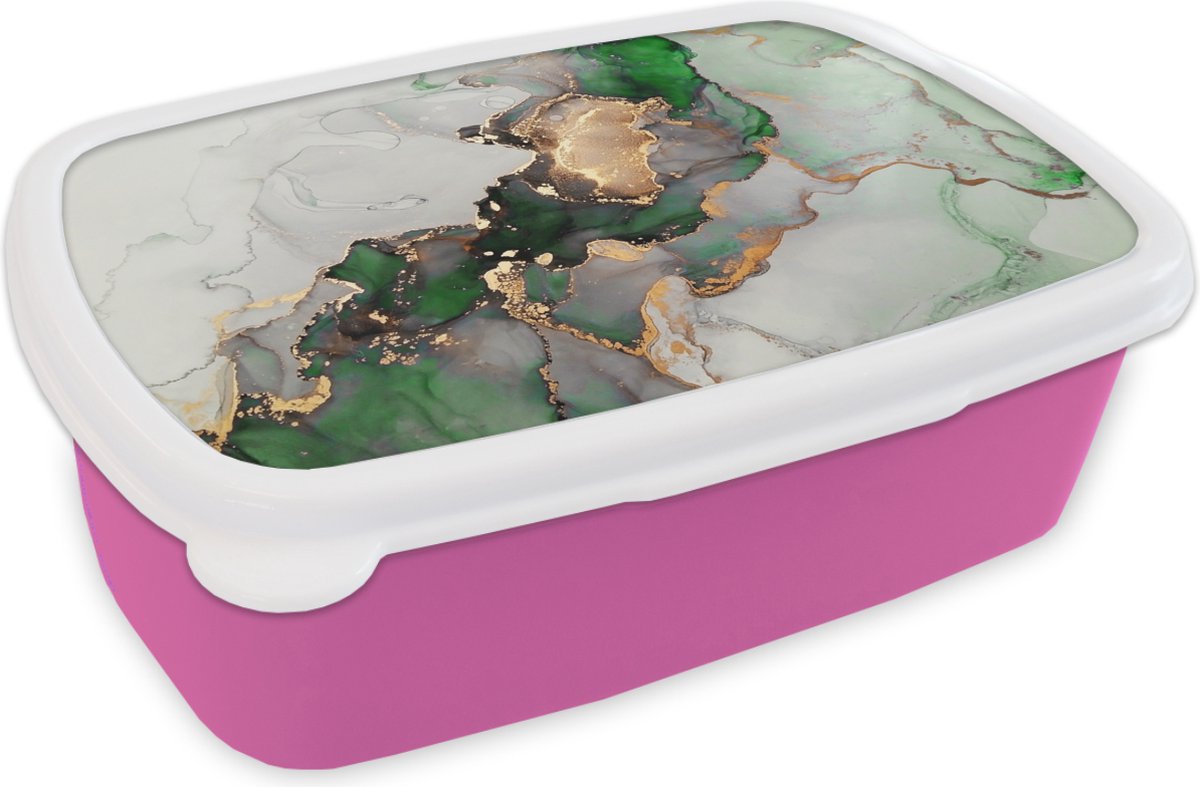 Broodtrommel Roze - Lunchbox - Brooddoos - Marmer - Goud - Groen - Luxe - 18x12x6 cm - Kinderen - Meisje