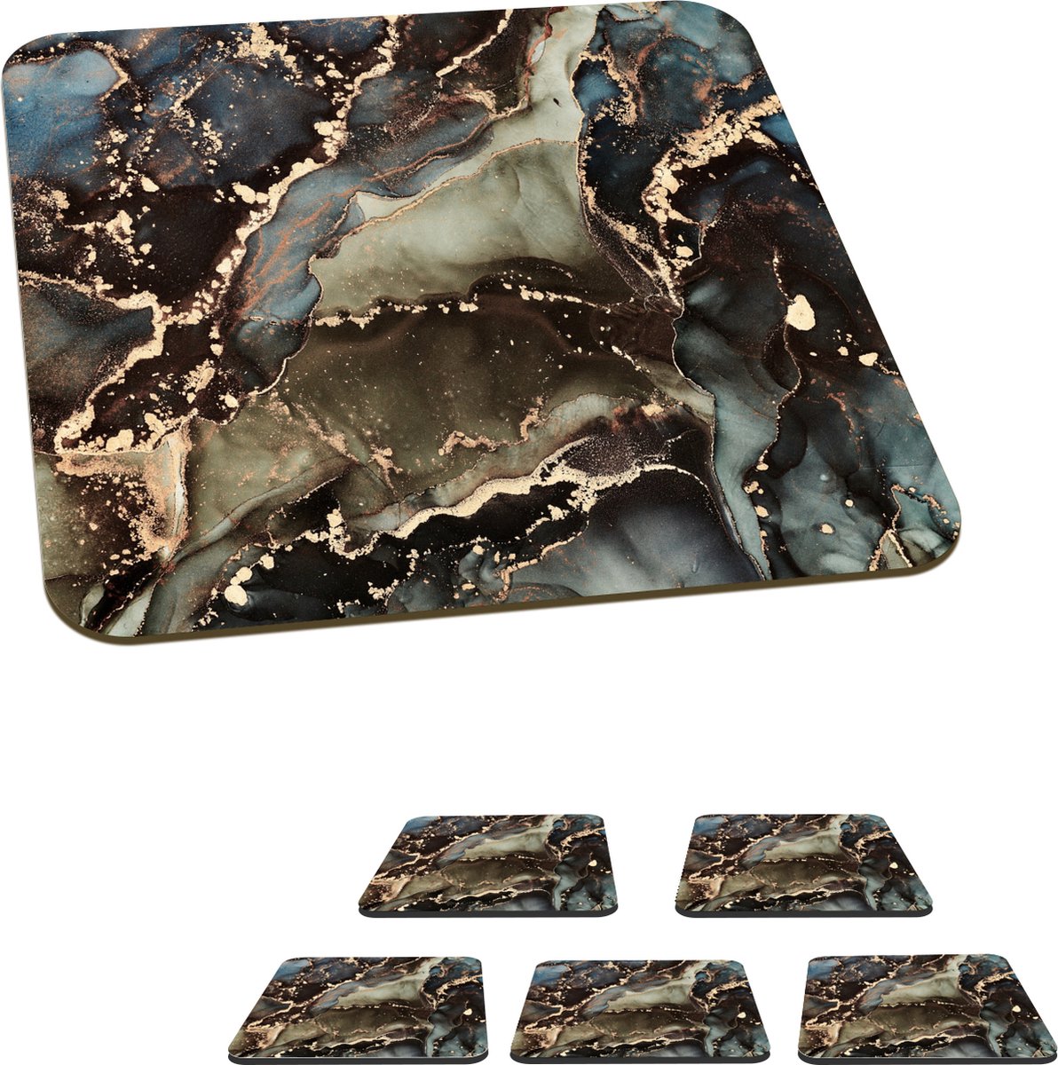 Onderzetters voor glazen - Marmer - Goud - Groen - 10x10 cm - Glasonderzetters - 6 stuks