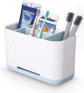 Tandenborstelhouder voor badkamer met antislip bodem, verstelbare kunststof tandenborstelstandaard met 2 scheidingswanden voor eenvoudig opbergen, tandpastastandaard, tandenborstelhouder, wit