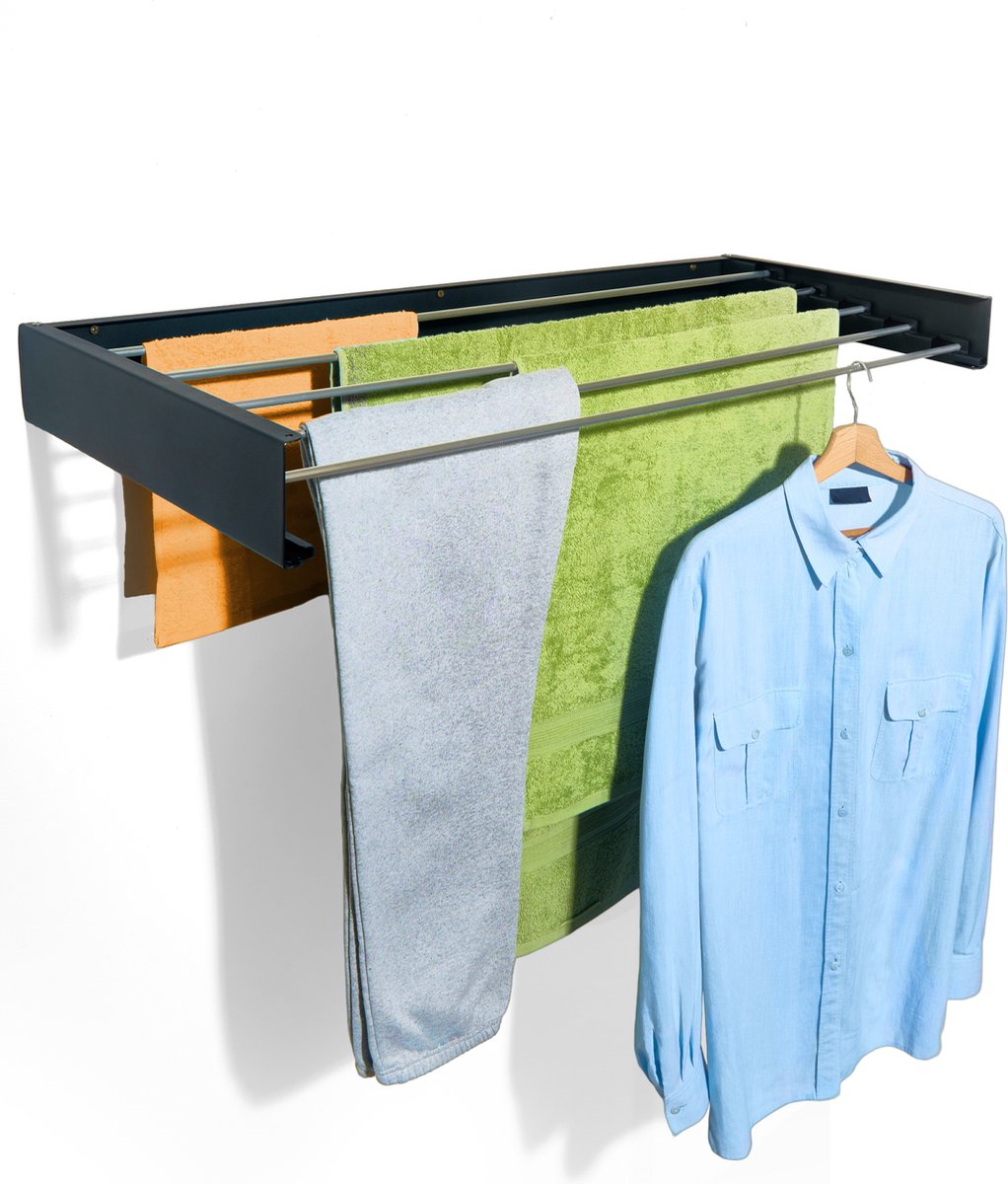 Bodo Droogrek Inklapbaar - Wanddroogrek - 80 cm - Inclusief Boormal - Vernieuwd 2023 Model - Wasrek Hangend - Uitklapbaar - Muur - Ophangbaar - 4m Drooglengte - Zwart
