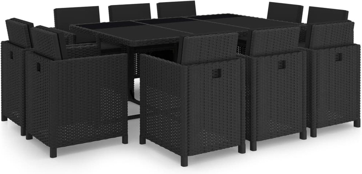 The Living Store 11-delige Tuinset met kussens poly rattan zwart - Tuinstoel - Eetkamerset - Ratan Meubilair - Buitenshuis Eten - Lounge Set