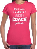 Bellatio Decorations cadeau t-shirt voor dames - awesome coach - coach bedankje - roze XXL