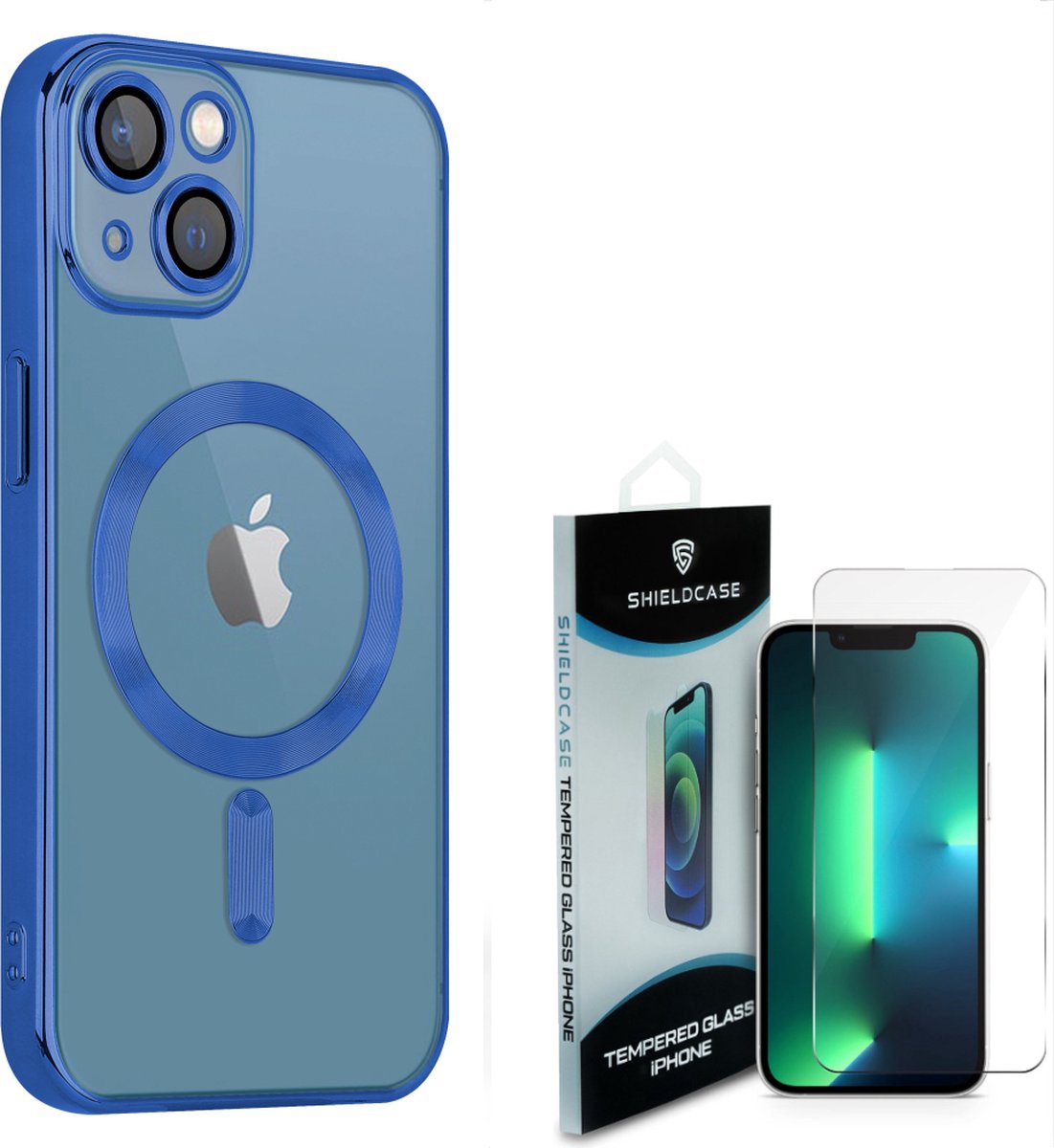 Coverzs Geschikt voor iPhone 13 Magneet hoesje met camera cover (blauw) - Shockproof hoesje incl. Screenprotector - Bescherming glasplaatje geschikt voor iPhone 13 - Screen protector glas - Full Cover bescherming + beschermhoes