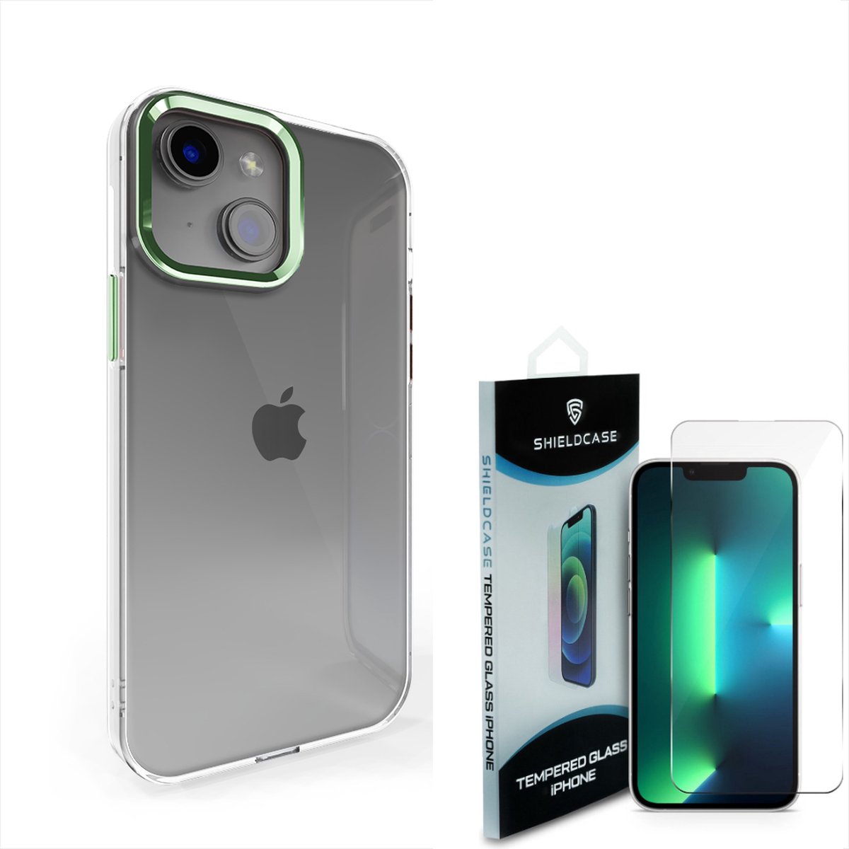 Coverzs Geschikt voor iPhone 13 hard case met metalen camera bumper (groen) - Shockproof hoesje incl. Screenprotector - Bescherming glasplaatje geschikt voor iPhone 13 - Screen protector glas - Full Cover bescherming + beschermhoes