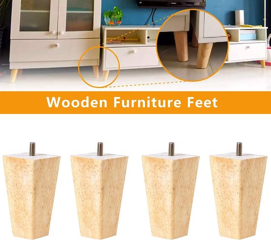 Honeyhouse Vervangende meubelpoten, meubelpoten, 4 stuks, zwart, hout, bankpoten, 6 cm/10 cm/15 cm, met schroeven en vilten glijders van eikenhout, voor stoelen en bank