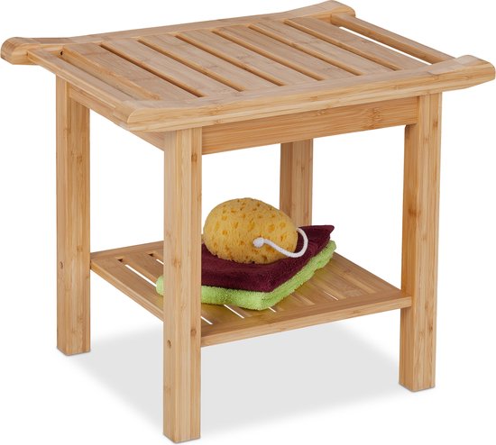 Relaxdays badkamerkrukje, bamboe, handgrepen, ergonomisch, HxBxD: 54 x 65 x 33 cm, zitkrukje badkamer en hal, natuur