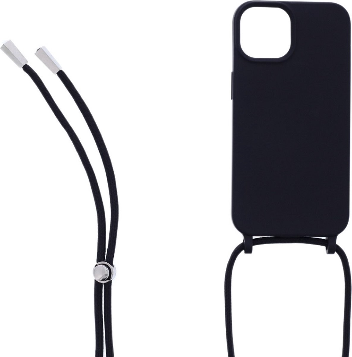 LuxeBass Siliconen hoesje met koord geschikt voor Apple iPhone 14 - Zwart - telefoonhoes - gsm hoes - telefoonhoesje