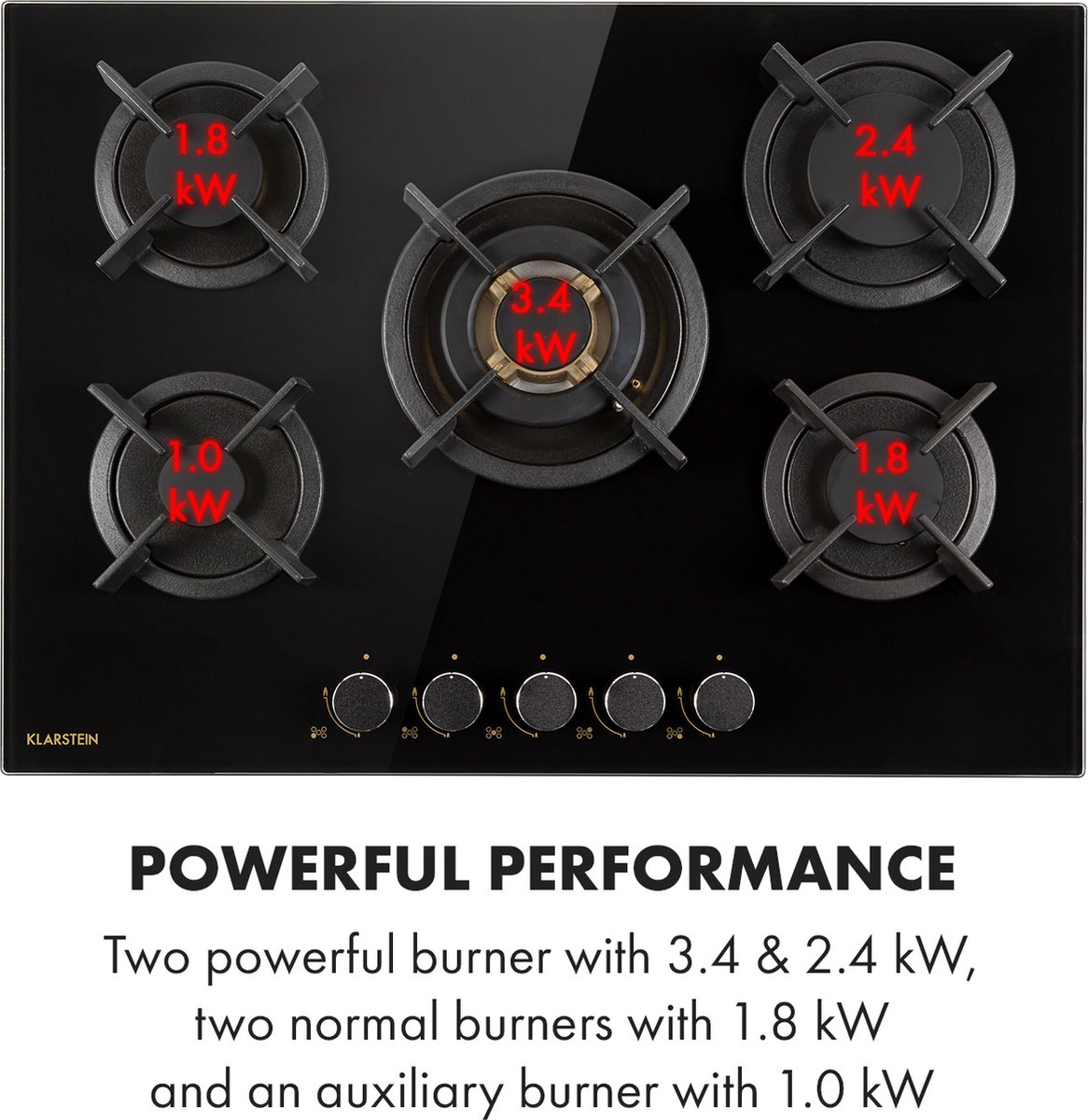 Klarstein Goldflame 5 gaskookplaat 5-pits messing-brander keramisch glas zwart