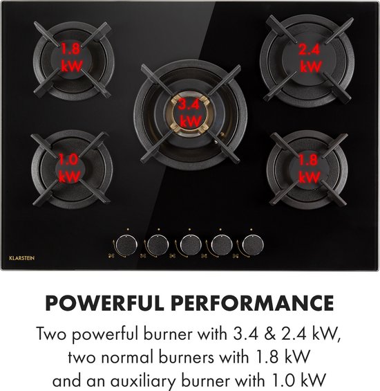 Klarstein Goldflame Domino - Gaskookplaat - 5 Pitten - 10400 W - Branders - Glaskeramisch oppervlak - Energiebesparend - Alles inclusief - Zwart